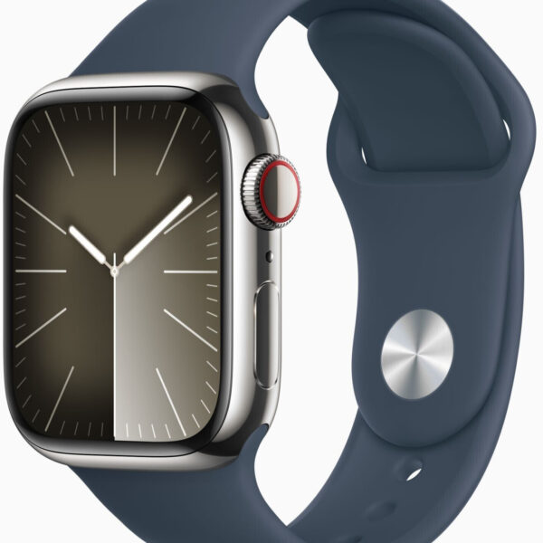 Apple Watch Series 9 4G 41 mm acero inoxidable plateado correa deportiva azul tempestad M/L